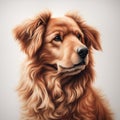 Portrait of red shaggy dog of Labrador retriever breed sitting on white background and looking away. Beautiful illustration of a