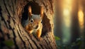 Red Squirrel Hiding in the Hole of a Tree Trunk - Generative Ai