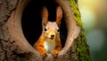 Red Squirrel Hiding in the Hole of a Tree Trunk - Generative Ai