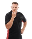 Portrait, referee and man blowing whistle, stern or gesture in studio warning, sign or penalty on white background