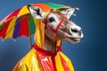 Portrait of a reindeer wearing a raincoat and an umbrella in studio, colorful background. Autumn concept. Generative AI
