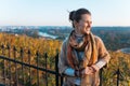 Portrait of relaxed brunette woman in evening autumn park Royalty Free Stock Photo