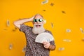 Portrait of retired old funny bearded man in eyewear eyeglasses scream omg look at falling money win lottery wearing Royalty Free Stock Photo