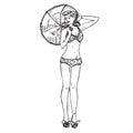 Portrait of retro pin up girl in polka dot bikini posing with umbrella, hand drawn outline doodle, sketch