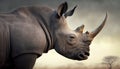 Portrait of the Rhinoceros against the background of the morning sun in the savannah. Side view. Generative AI Royalty Free Stock Photo