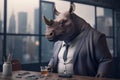 Portrait of a Rhinoceros Dressed in a Formal Business Suit at The Office