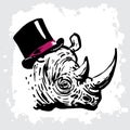 Portrait of a rhinoceros in a top hat. A simple sketch drawing. Funny drawing of an animal on a white background Royalty Free Stock Photo