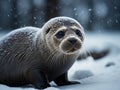 Portrait of ringed Seal in the forest in winter with falling snow