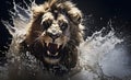 Portrait of a roaring lion in splashes of water