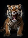 A portrait of a roaring tiger sitting against black background Royalty Free Stock Photo