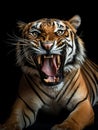 A portrait of a roaring tiger sitting against black background Royalty Free Stock Photo