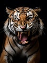 A portrait of a roaring tiger sitting against black background Royalty Free Stock Photo