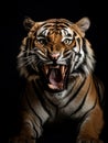 A portrait of a roaring tiger sitting against black background Royalty Free Stock Photo