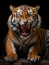 A portrait of a roaring tiger sitting against black background Royalty Free Stock Photo