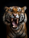 A portrait of a roaring tiger sitting against black background Royalty Free Stock Photo