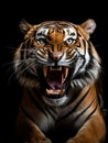 A portrait of a roaring tiger sitting against black background Royalty Free Stock Photo