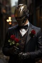 A robot holding a rose in his hand