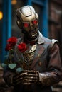 A robot holding roses in his hand