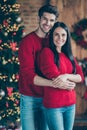 Portrait of romantic romance lovely couple hug near christmas tree in the morning enjoy party noel event in house with x