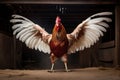 portrait of a rooster standing in front of the gate to the barn, spread his wings, against the sky Royalty Free Stock Photo