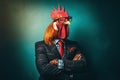 Portrait rooster in suit and glasses on background. Anthropomorphic animals concept. Royalty Free Stock Photo