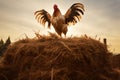 portrait of a rooster, on top of a haystack, spread his wings, sky background Royalty Free Stock Photo