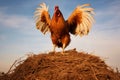 portrait of a rooster, on top of a haystack, spread his wings, sky background Royalty Free Stock Photo