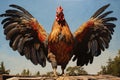 portrait of a rooster, on top of a roof, spread his wings, sky background Royalty Free Stock Photo