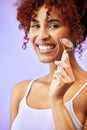 Portrait, rose quartz and woman in studio for skincare, anti aging or collagen circulation on purple background. Face