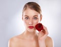 Portrait, rose and woman with skincare, wellness and dermatology on a white studio background. Face, person and model