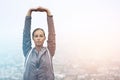 Portrait, running and stretching with sports woman outdoor in mountains for morning cardio training. Fitness, health and Royalty Free Stock Photo