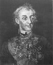 Portrait of Russian military leader Alexander Vasilyevich Suvorov in the old book The Engraved Portraits, vol. 3 by D. Rovinskiy,