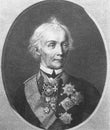 Portrait of Russian military leader Alexander Vasilyevich Suvorov in the old book The Engraved Portraits, vol. 3 by D. Rovinskiy,