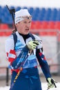 Portrait Russian sportsman biathlete Ilmir Akhtyamov St. Petersburg at finish after rifle shooting and skiing. Open