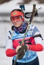 Portrait of Russian sportswoman biathlete Babkina Maria during Regional junior biathlon competitions East of Cup