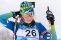 Portrait Russian sportswoman biathlete Legostaeva Anastasia after rifle shooting and skiing. Open regional youth