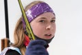 Portrait Russian sportswoman biathlete Valentina Vakhrusheva after rifle and shooting skiing. Regional youth biathlon