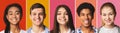 Portrait`s collage. Diverse teens smiling at colorful backgrounds