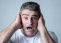 Portrait of a 40s 50s man in shock with a scared expression on his face making frightened gestures in human emotions feelings and Royalty Free Stock Photo