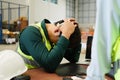 Portrait of sad man warehouse worker with problem Royalty Free Stock Photo