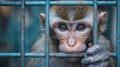 Portrait of a Sad Monkey in a Rusty Cage Royalty Free Stock Photo