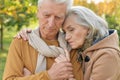 Portrait of sad senior couple in autumn park Royalty Free Stock Photo