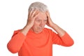 Portrait of sad senior man with headache on white background Royalty Free Stock Photo