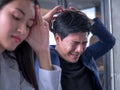 Portrait of sad unhappy crying Businessman with strain. Closed eyes on head, in meeting room Royalty Free Stock Photo