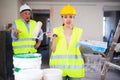 Portrait of sad woman construction painter, shouting employer Royalty Free Stock Photo