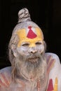 Portrait Sadhu man at Pashupatinath Temple in Kathmandu, Nepal, close up face