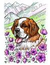 Portrait of saint bernard dog in blooming mountains