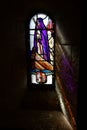 Portrait of Saint Columba on a stained glass of a castle in Edinburgh Royalty Free Stock Photo