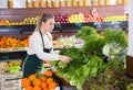 Salesgirl arranging greens Royalty Free Stock Photo