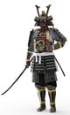 Portrait of a Samurai Japanese warrior wearing traditional armor and wielding a katana on a white background.